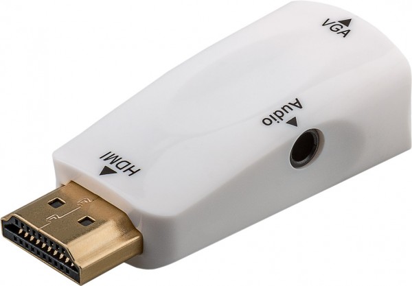 Goobay Compacte HDMI™/VGA-adapter inclusief audio, verguld - HDMI™-stekker (type A) > VGA-bus (15-polig) + 3,5 mm-jackplugbus (3-polig, stereo)