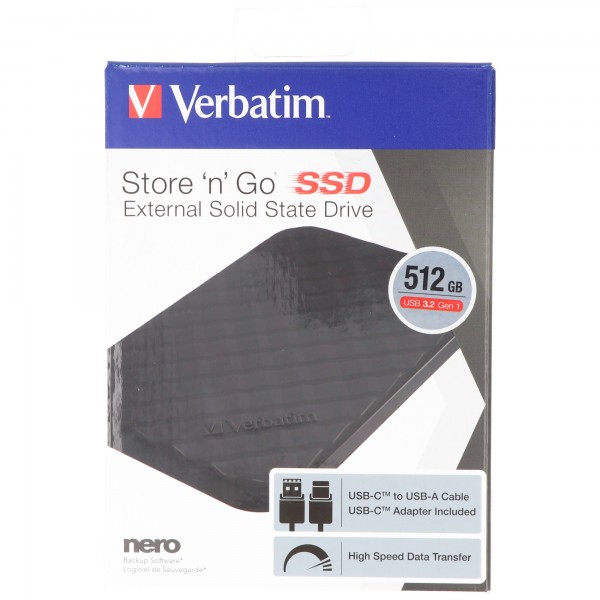 Verbatim SSD 512GB, USB 3.2, Type AC, 6.35cm (2.5'') Store´n´Go, (R) 400MB/s, (W) 400MB/s, Retail