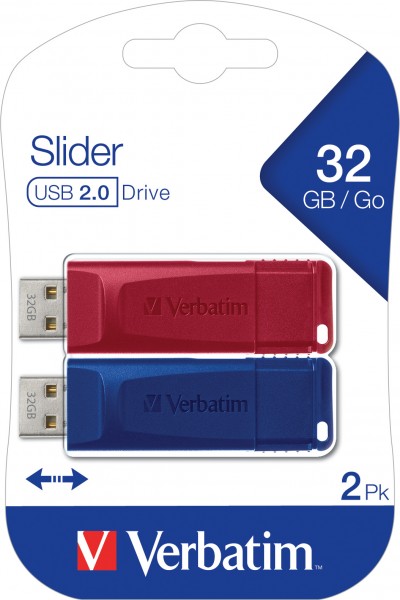 Verbatim USB 2.0 Stick 32GB, Slider, Rood-Blauw, Multipack (R) 10MB/s, (W) 4MB/s, Retail-Blister (2-Pack)