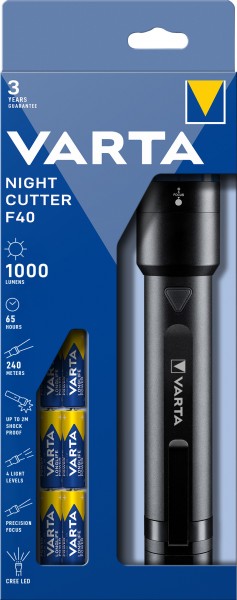 Varta LED zaklamp Night Cutter F40 1000lm, incl. 6x alkaline AA batterijen, retail blister