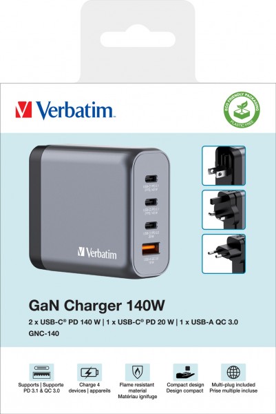 Verbatim oplaadadapter, universeel, GNC-140, GaN, 140W, grijs 1x USB-A QC, 3x USB-C PD, retail