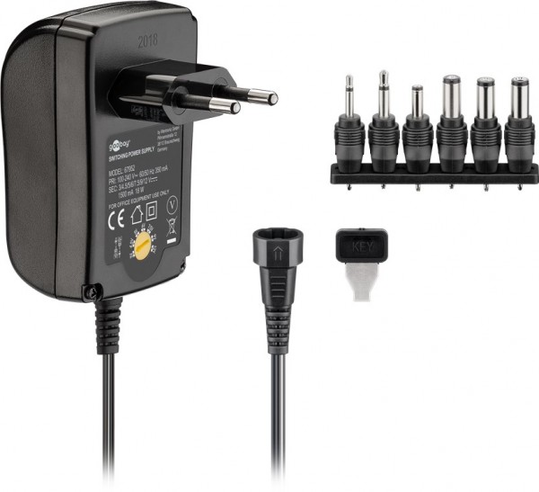 3 V - 12 V universele voeding inclusief 6 DC-adapters - max. 18 W en 1,5 A